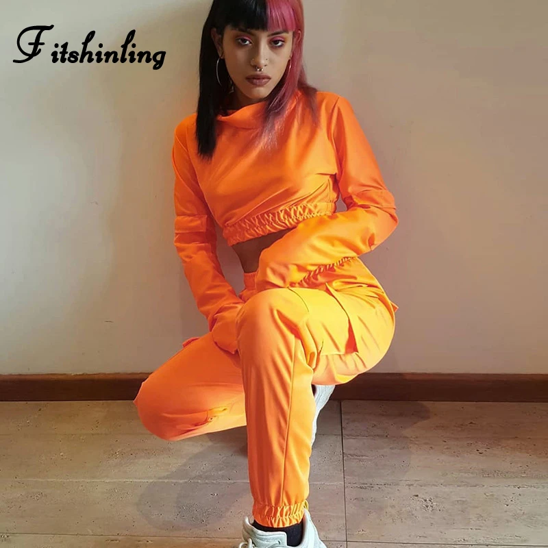 

Fitshinling Safari Style Pockets Cotton Matching Sets Winter Tracksuits Orange Women Two Piece Outfits Fashion Autumn Slim Suit