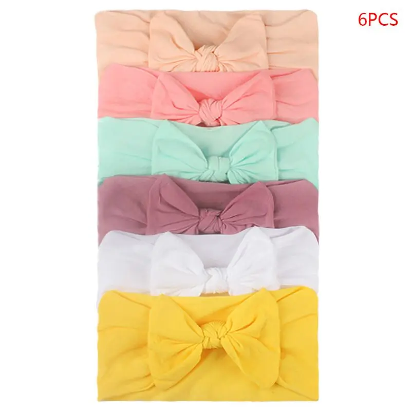 6Pcs/Set Baby Girls Lovely Bow Hairband Elastic Wide Headband Stretch Knot Bandanas Turban Headdress Clothing Accessory Silicone Anti-lost Chain Strap Adjustable 