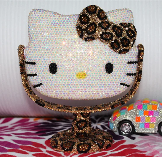 

Handmade Leopard KT Dressing Mirror Rhinestone Helloo Kitty Makeup Portable Small Decorative Mirrors Table Makeup Decor Cute Cat