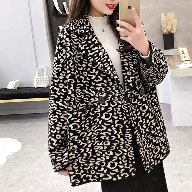 DISIAMAN plus size leopard coat faux fur jacket winter clothes women double-breasted knit chunky ladies sweaters long cardigan