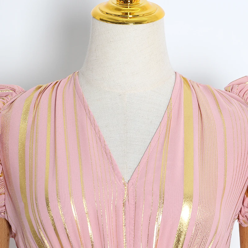 细节 (1).JPG TWOTWINSTYLE Sexy Striped Women Dress V Neck Butterfly Sleeve High Waist Lace Up Tunic Ruched Winter Dress Fashion Clothing New