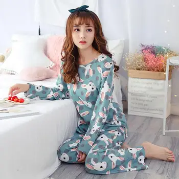 

2pcs Women Pajamas Set Cartoon Printing Long Sleeve Round Neck Polyester Lovely Spring Autumn Sleepwear Leisure Clothes