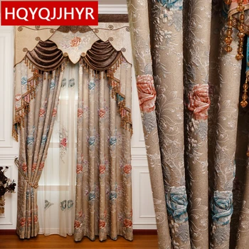

European brown luxury 3D embossed jacquard bedroom Floral curtains high quality classic decorative living room/Hotel curtain