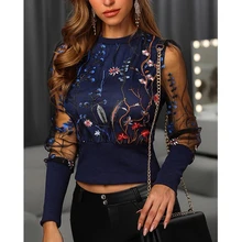 

Elegant Women Blouses Tops Floral Embroidery Long Sleeve Round Neck Sheer Mesh Insert Blouse