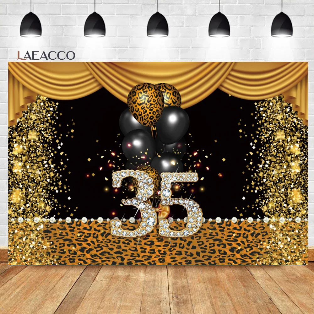 

Laeacco Happy 35th 40th 50th Birthday Backdrop Sparkle Sequin Leopard Balloon Adults Portrairt Customized Photography Background