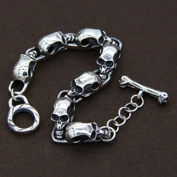 

38g 100% Solid Sterling Silver 925 Skull Toggle Bracelet Men Women Thick Band Cool Antique Silver 925 Jewelry Men Free Box Gifts