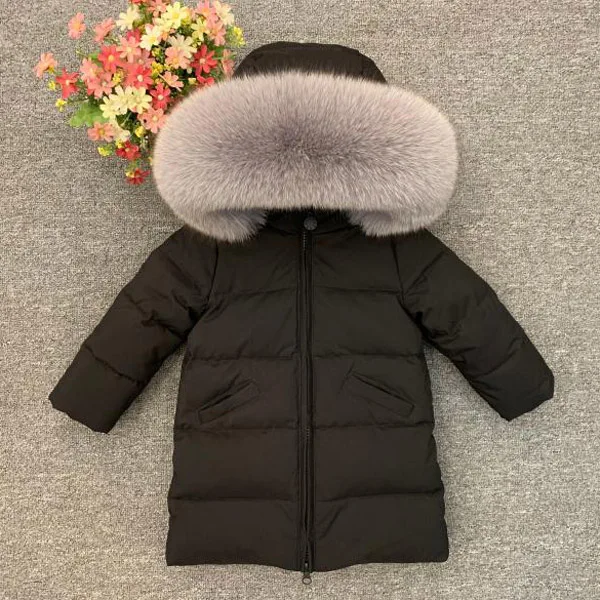 black fox fur grey Новая плотная одежда для маленьких мальчиков и девочек, длинный пуховик с воротником из натурального меха животных - Цвет: black fox fur grey