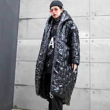 

Winter Street style silver glossy fabric thick warm cotton coat oversized hooded coat female thick windbreaker cotton coat F438