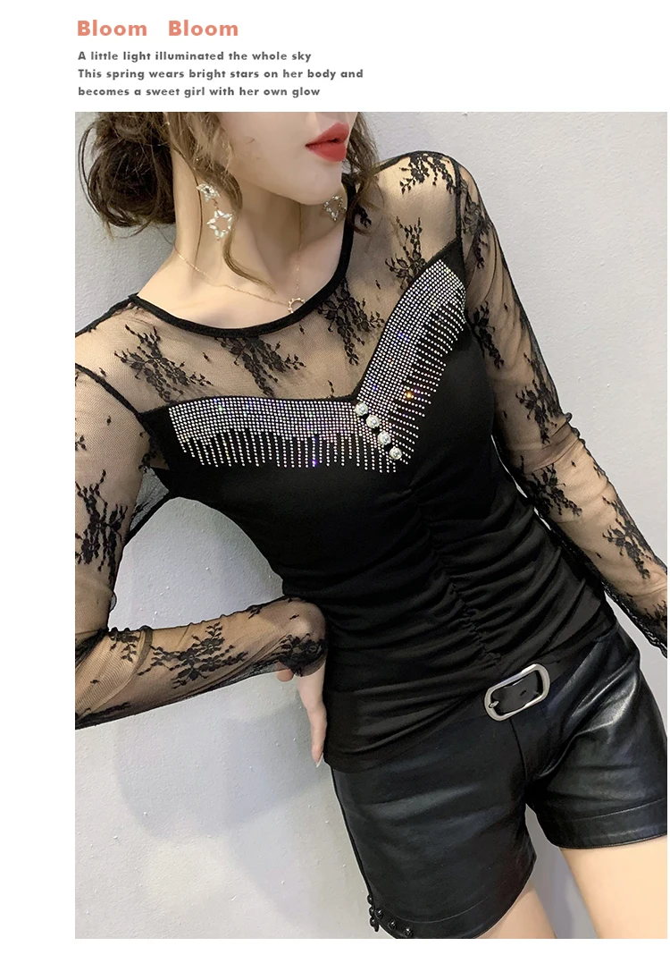 New 2020 Autumn long sleeve Women t-shirts Fashion Sexy hollow out Hot drilling Mesh shirt Plus size womens shirt blusas