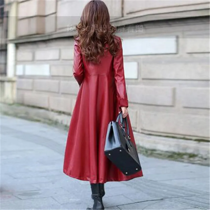 Весенне-осенняя женская кожаная куртка модные высококачественные пальто из искусственной кожи X-long с поясом тонкий плащ из искусственной кожи FO84