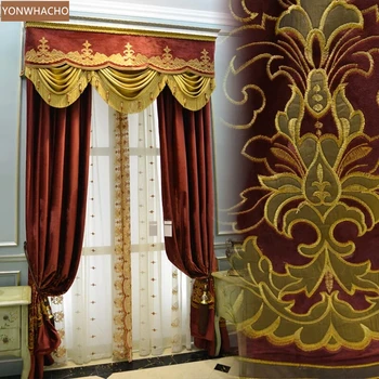 

Custom curtains luxury elegant French living room velvet embroidered red thick cloth blackout curtain tulle valance drape B698