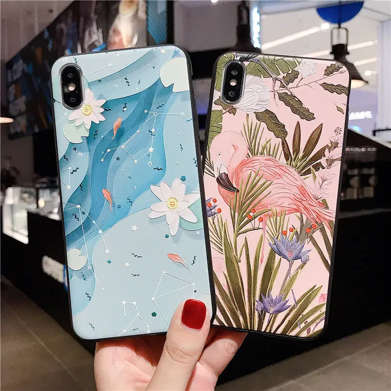 Vintage Flamingo Fish Fitted Case For iPhone 11 PRO MAX 8plus 8 6 s 7 plus xr xs max Lotus Flower 3D Emboss Soft Phone Cover |