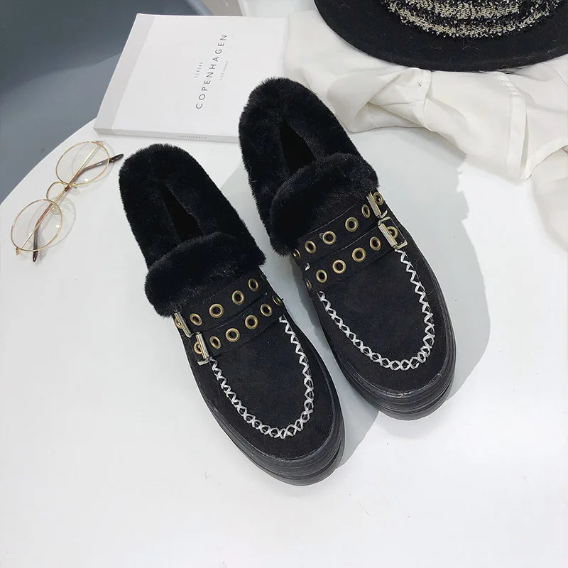 Черный Winter new warm platform women's shoes with fur Rhinestone round head black flat shoes khaki soft brand design shoes q142 - Цвет: Черный