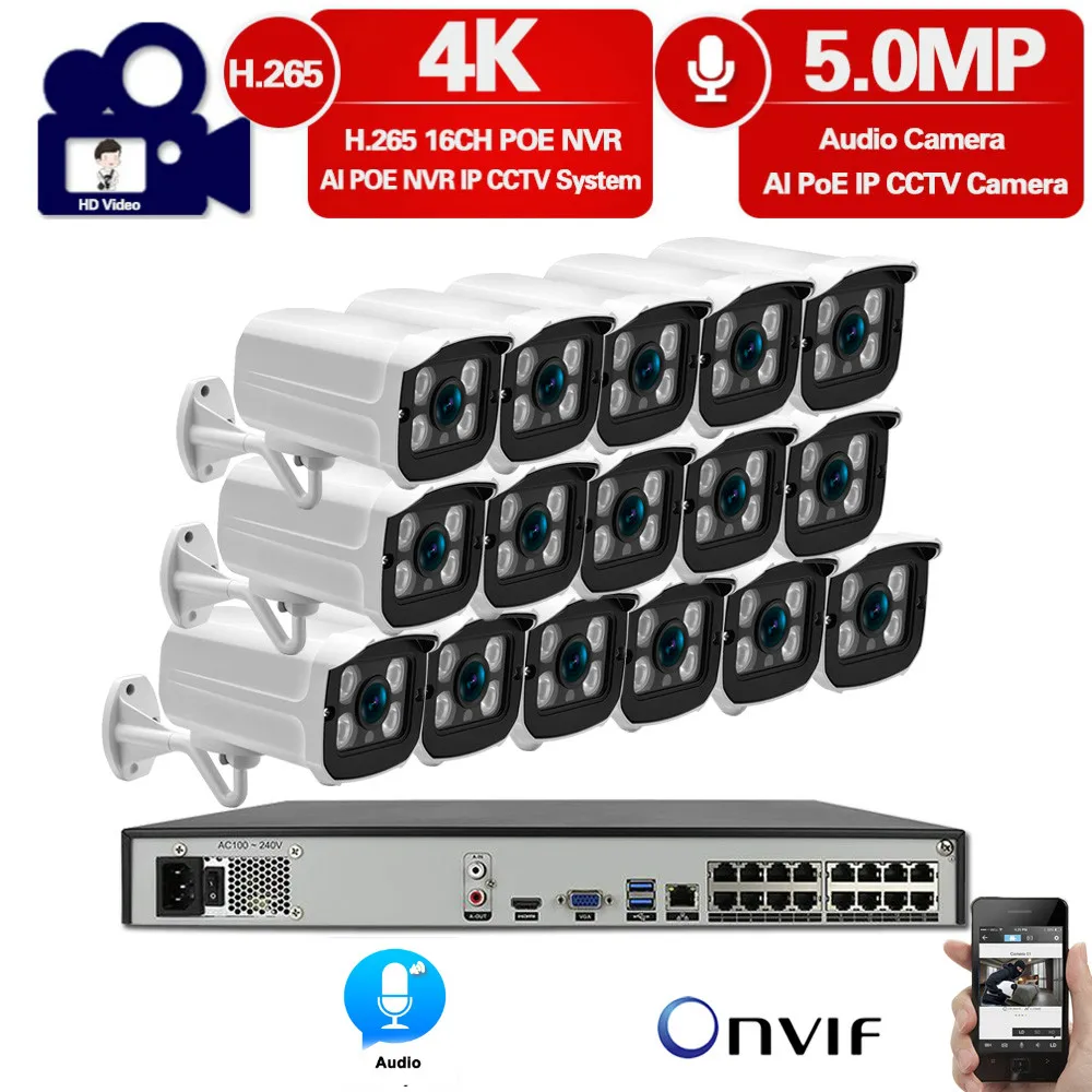 H.265 + 16CH 4K 8MP POE NVR комплект камер видеонаблюдения System AI Ultra HD 5MP наружная