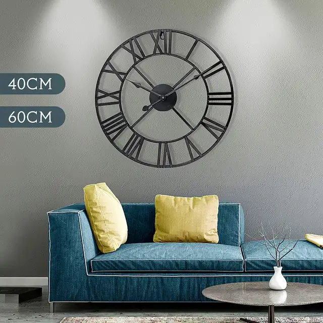 Modern 3D Large Retro Black Iron Round Art Hollow Metal Wall Clock Nordic Roman Numerals Clock Living Room Home Decoration 3