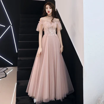 

Pink Elegant Female Butterfly Sleeve Mesh Party Prom Dress Sexy Off Shoulder Appliques Flower Long Qipao Cheongsam Vestidos