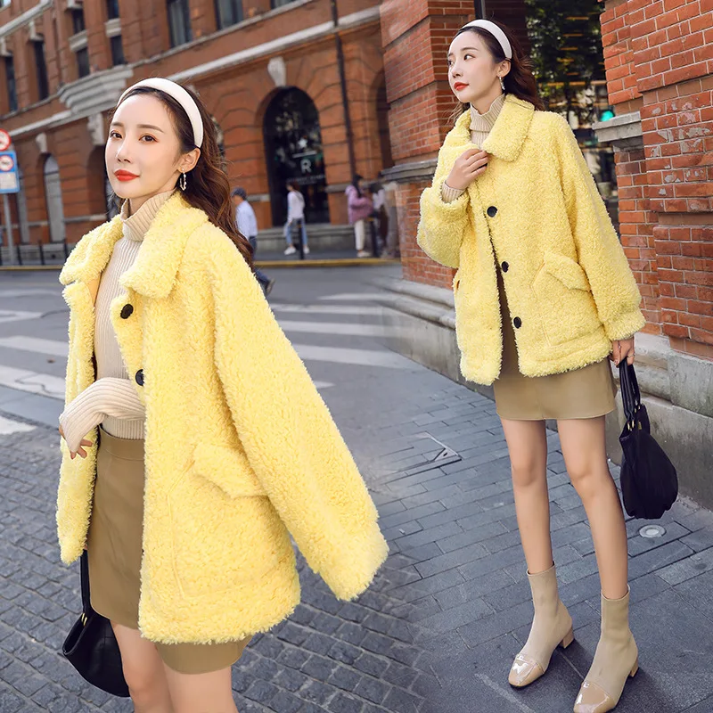 

2019 Autumn And Winter New Style Korean-style Sweet Solid Color Lambs Wool Overcoat Cardigan Short Coat Women's Fashion