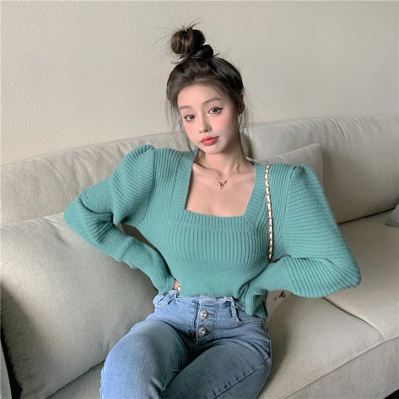 

2020 Autumn Winter Sweater Vintage Retro Square Neck Puff Sleeve Knitted Pullover Women Sweaters