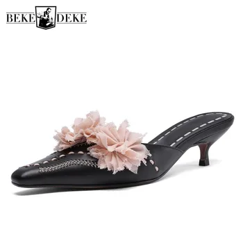 

Real Leather Cowhide Rome Sandals Women Summer Pointed Toe Black Stiletto Sandals Slippers Leisure Thin Heel Office Lady Sandals