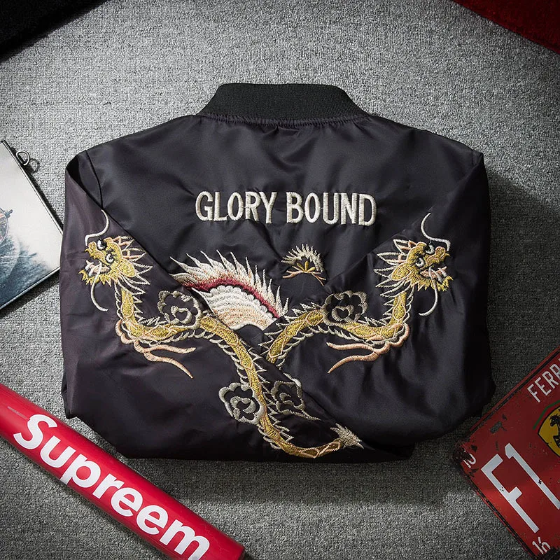 

Anarchy Coat Black Outwear Tide Street Thin Fashion Men Bomber MA1 Jacket Retro Embroidery Dragon Phoenix Cartoon Badge