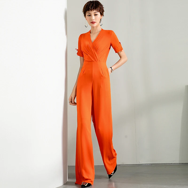 

2020 Women Summer Party Jumpsuit High Street Chiffon Elegant V-neck Wide Leg Orange Rompers Plus Size 3XL 4XL