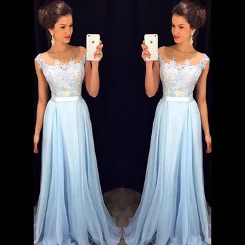 

Sky Blue Prom Dresses A-line Cap Sleeves Chiffon Appliques Beaded Long Prom Gown Evening Dresses Evening Gown