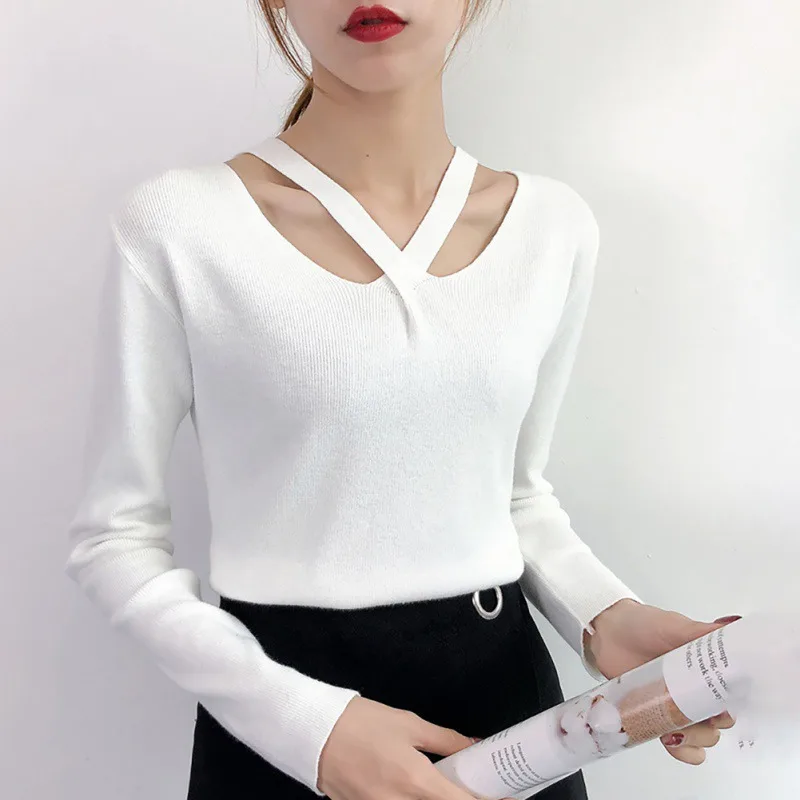 

Autumn Winter Female Cross Collar Casual Sweater Pullover Women Fashion Temperament Warm Knitted Sweaters Jumper