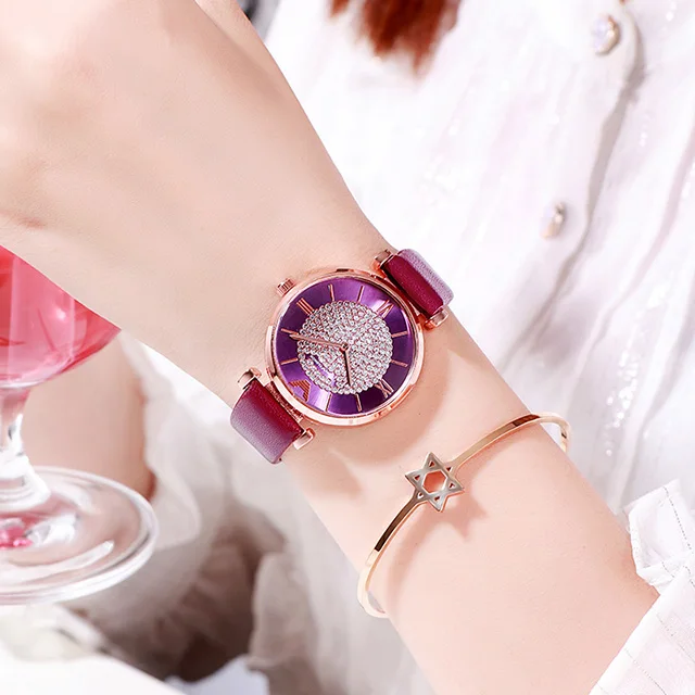 leather purple Роскошные часы для женщин Кристалл платье часы модные женские дизайнерские Montre Femme наручные часы магнитная сетка сталь Relogio Часы - Цвет: leather purple