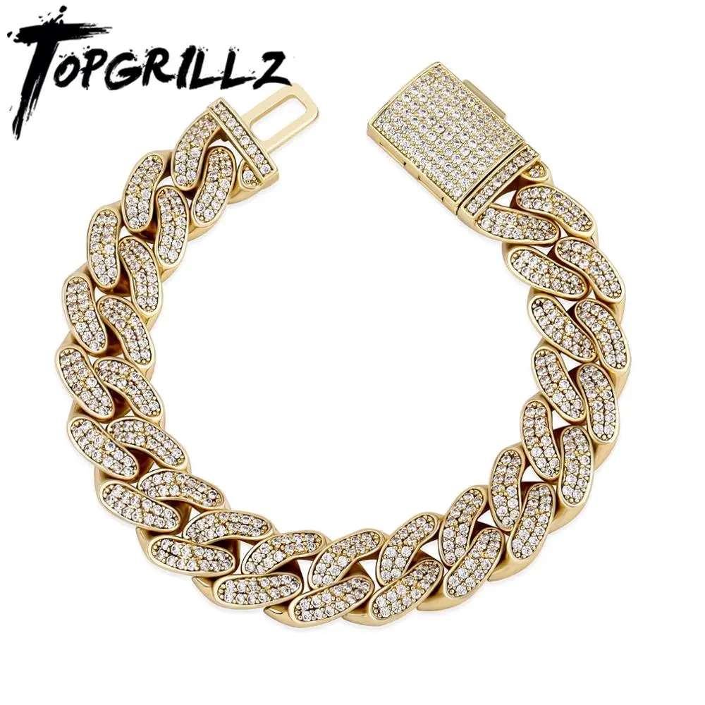 

TOPGRILLZ 12MM/14MM Cuban Chain Bracelet With Box Clasp Gold Plated Micro Pave Iced Out Cubic Zirconia Hip Hop Jewelry For Gift
