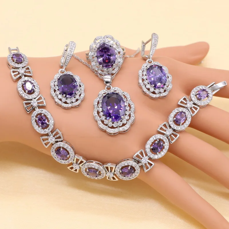 Purple 4PCS Зеленый полудрагоценный женский 925 штампованный Серебряный свадебный ювелирный набор с браслетом ожерелье кулон серьги кольцо подарок на день рождения - Окраска металла: Purple 4PCS