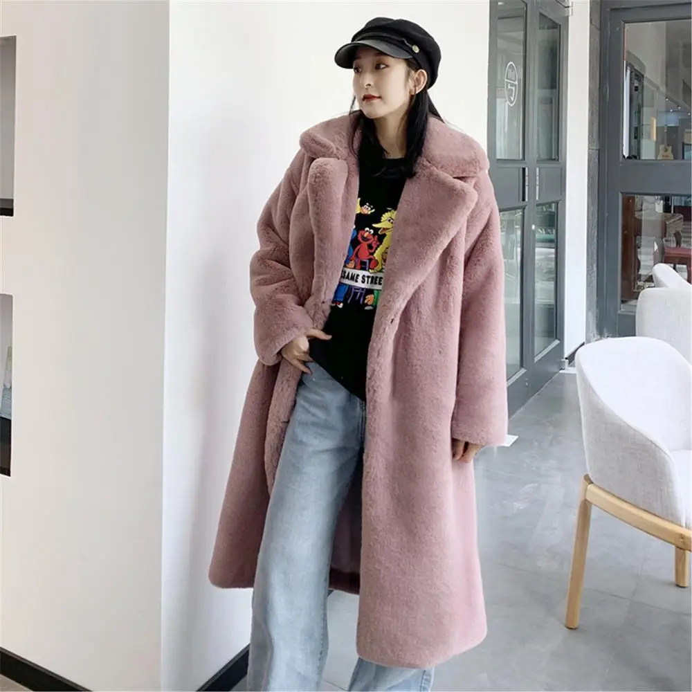 dark pink Высококачественное теплое пальто из искусственного меха, женская зимняя куртка из искусственного меха, роскошное плюшевое пальто с отворотом, Женское пальто большого размера, плюшевое пальто - Цвет: dark pink