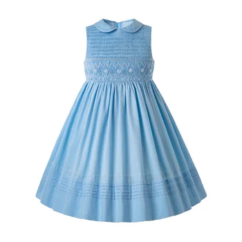 

Pettigirl Wholesale Grace Blue Girls Smocked Dress With Solid And Wave Detail Designed Kids Dresses Children Clothing