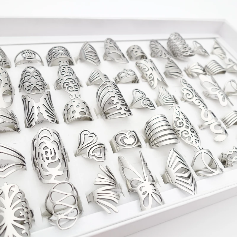 20pcs Fashion Stainless Steel Rings for Women Mix Styles Carved Flowers Butterfly Unique Party Jewelry Lot