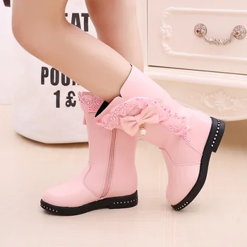 

Girl New Korean High Boots Fashion Dress Shoes With Fur Kids Snow Boots Girls Pearl Boots Winter Children Warm Leather Boots