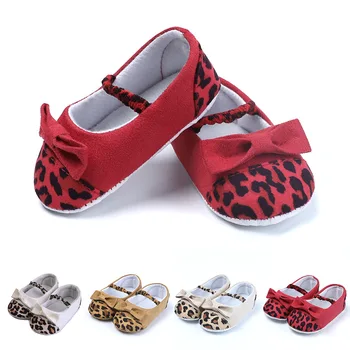 

New Princess Leopard Party Bow First Walkers Baby Toddler Cotton Fabric Baby Moccasins Baby Girls Mary Jane Hard Sole Baby Shoes