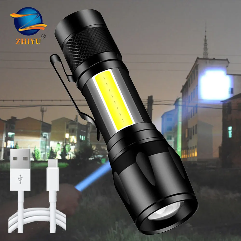 

ZHIYU Portable LED Flashlight T6 COB USB Rechargeable Light with Pen Clips 3 Modes Zoomable Torch Lamps Camping Working Lights