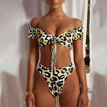 

2019 leopard print one-character flat shoulder bow sexy split bikini swimsuit