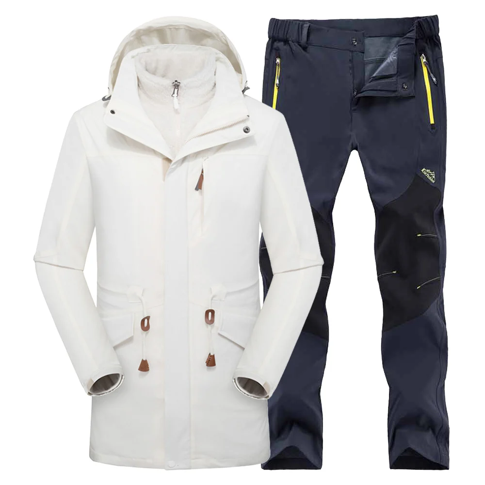 Зимняя Треккинговая лыжная куртка, набор мужских теплых походных курток, уличная спортивная одежда, водонепроницаемые пальто, одежда с капюшоном, походные брюки - Цвет: White Gray Suit