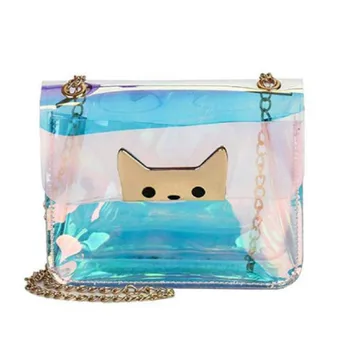

Cute cat transparent PVC waterproof women's shoulder bag colorful hip hop chain messenger bag mini handbag