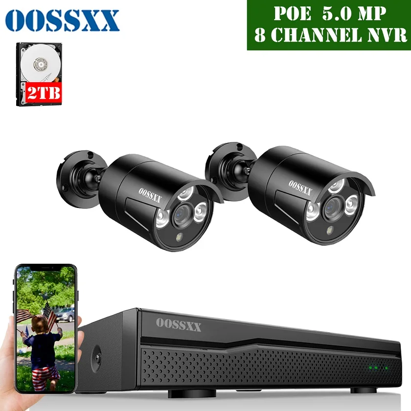 OOSSXX 5MP POE камера безопасности Система Комплект 2 шт. 5.0MP ip-камера ИК наружная крытая IP67 водонепроницаемая CCTV видеонаблюдение NVR - Цвет: 2pcs black cameras