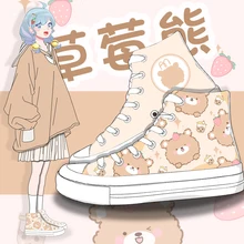 

2021 New Pretty Anime Cartoon Bear Hand Painted Canvas Shoes Women Girls Students Casual Sneakers Flat Plimsolls A1-18