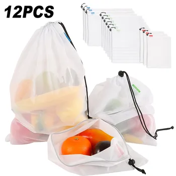 

12 Pcs Reusable Mesh Produce Bags Washable Eco Friendly Bags for Grocery Shopping Storage Fruit Vegetable Toys Storage Bag
