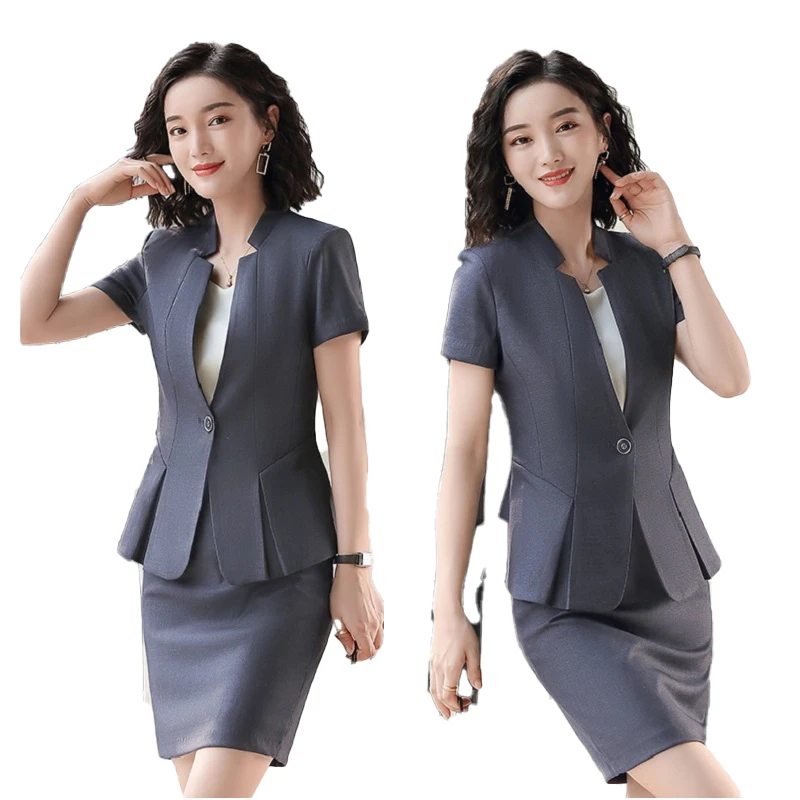 Female Elegant Formal Office Work Wear Ladies Grey Blazer Women Business Suits with Skirt and Jacket Sets OL Styles 2 Piece Set