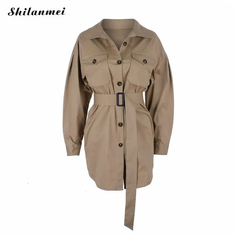 

Laple Collar Mini Dress European Autumn Women Dress Khaki Long Sleeve High Street Female Office Ladies Dress With Belt Pocket