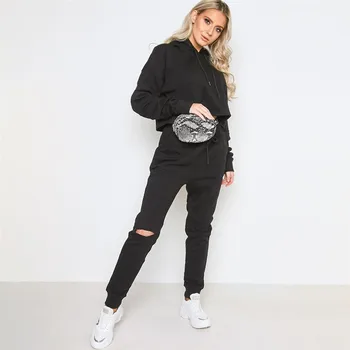 

Women Hoodies Pant 2 Piece Set Warm Autumn Winter Ladies Solid Hollow Tracksuit Set Top Pants Suit Female