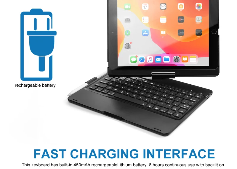 Беспроводной Bluetooth клавиатура чехол для iPad 10,2 дюйма, 360 вращение и 7-Цвет с подсветкой и на застежке, чехол, жесткий Беспроводной клавиатура