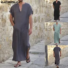 INCERUN хлопок Арабский стиль халат платье для мужчин короткий рукав v-образный вырез полная длина рубашки для отдыха мужское платье размера плюс S-5XL пижамы