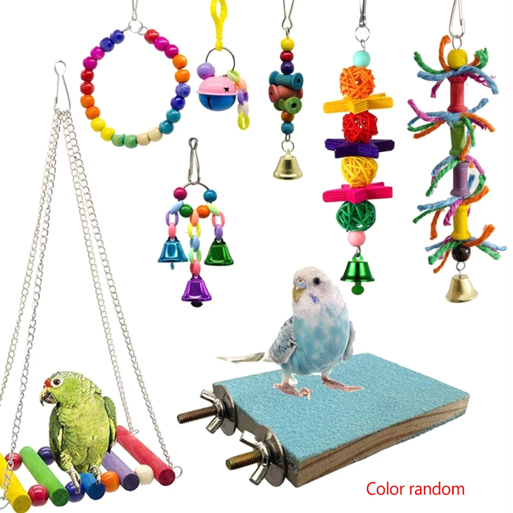 8PCS/Set Random Color Wooden Bead Bird Toy Kit Parrot Cage Swing Toys Birds Chewing Hanging Bell