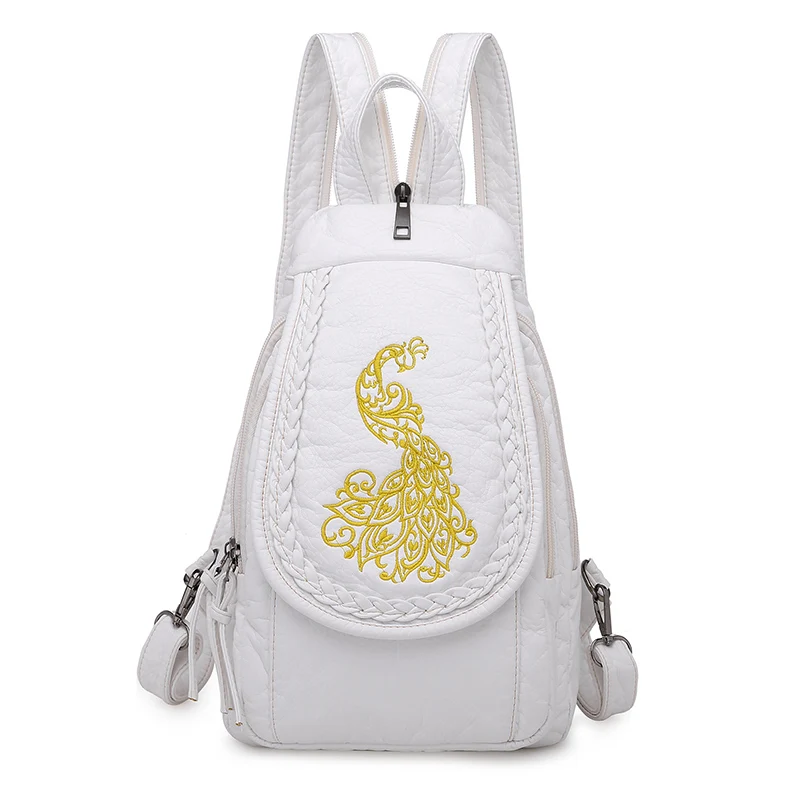 Модный женский маленький рюкзак с вышивкой, высококачественный мягкий кожаный рюкзак для девочек, рюкзак Multifunc, рюкзак Mochilas Mujer - Цвет: White-Phoenix