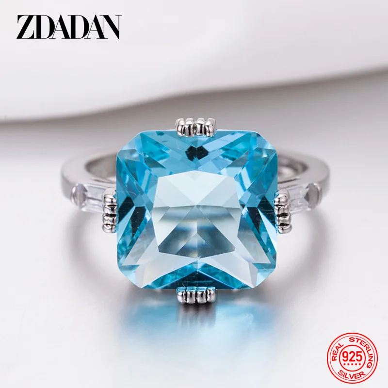 ZDADAN 925 Sterling Silber Charm Quadratischer Aquamarin-Ring für Damen, modischer Hochzeitsschmuck, Party-Geschenk